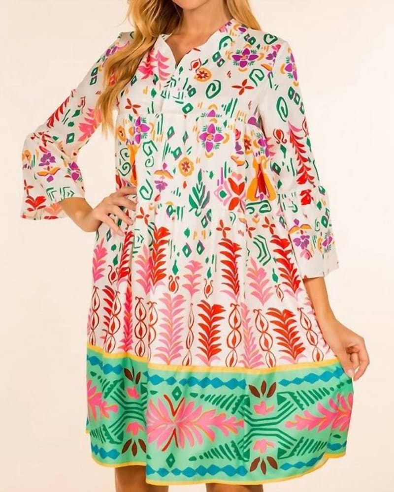 Front of a model wearing a size Large Daylight Tunic Dress In White Multi in White Multi by SUNDAYUP. | dia_product_style_image_id:346665